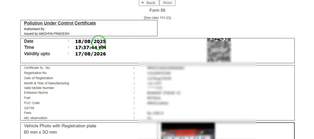 complete details vehicle’s PUC Certificate.